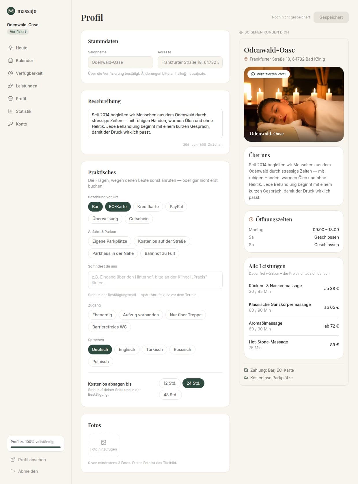 Profil- und Leistungseditor mit Live-Vorschau